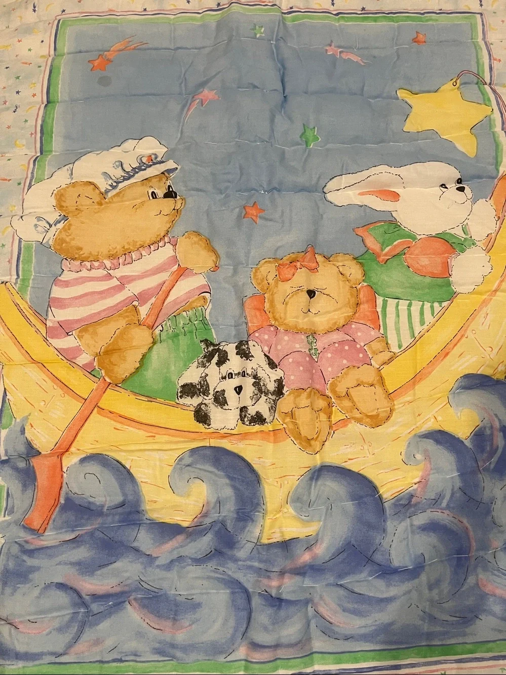 Cute Nursery Quilt with Bear & Bunny Boat - Pastel Blue, Yellow, Pink